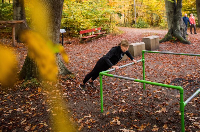 Kvinna tränar vid utegym i höstlik skog.