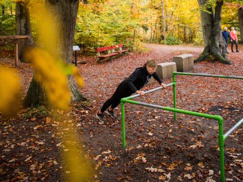 Kvinna tränar vid utegym i höstlik skog.